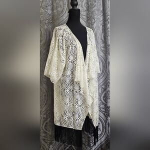 LuLaRoe Ivory Lace Cardigan with Black Tassels